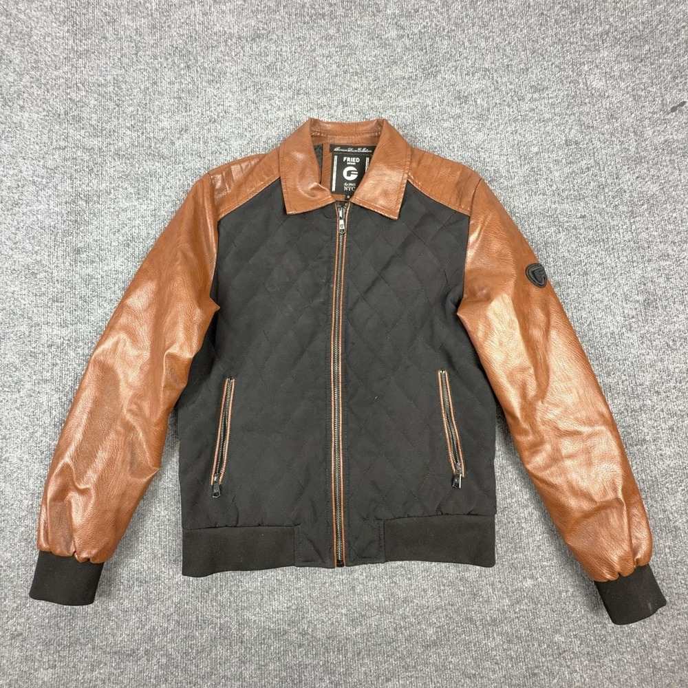 Fried Denim Jacket Mens Small Black Brown Quilted Bomber Faux Leather Sleeves